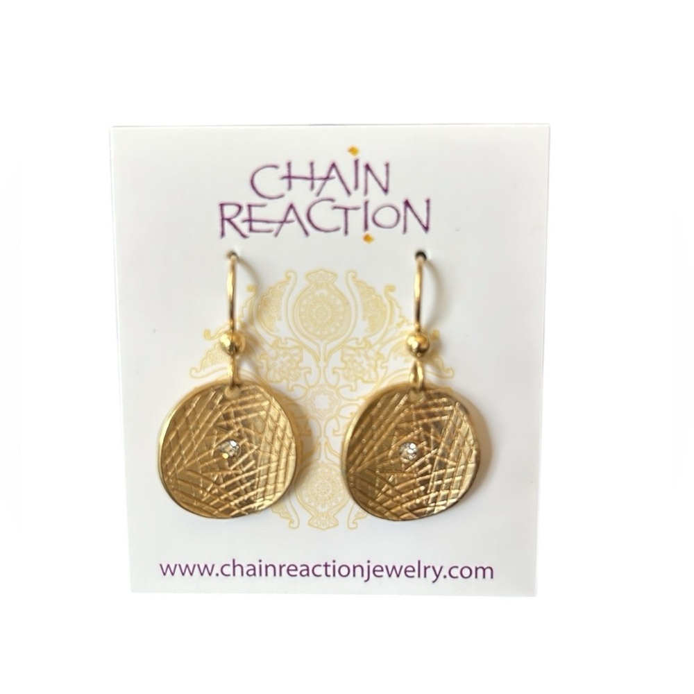 Gold Medallion Earrings with Crystal‎ Accent Gold Filled Earwires